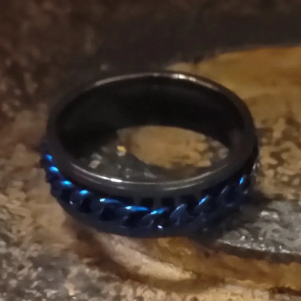 Men's Blue Chain Spinner Promise Ring - Guy's Fidget Ring - Anxiety Ring For Men